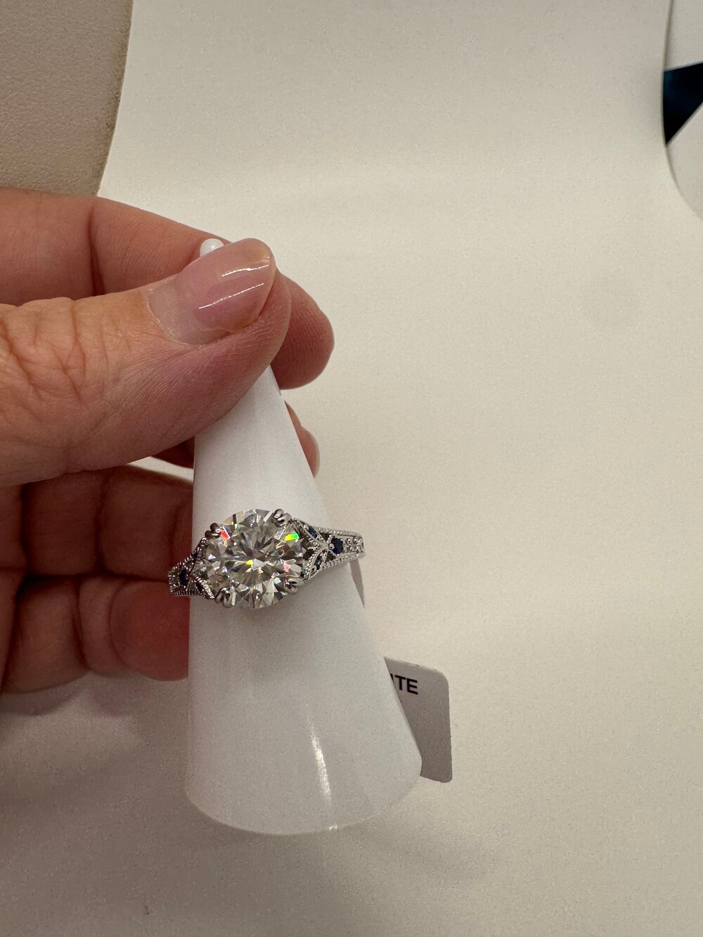 Genuine 3Ct Moissanite Filigree Ring Size 8 Blue Accents Vintage Style GRA New -